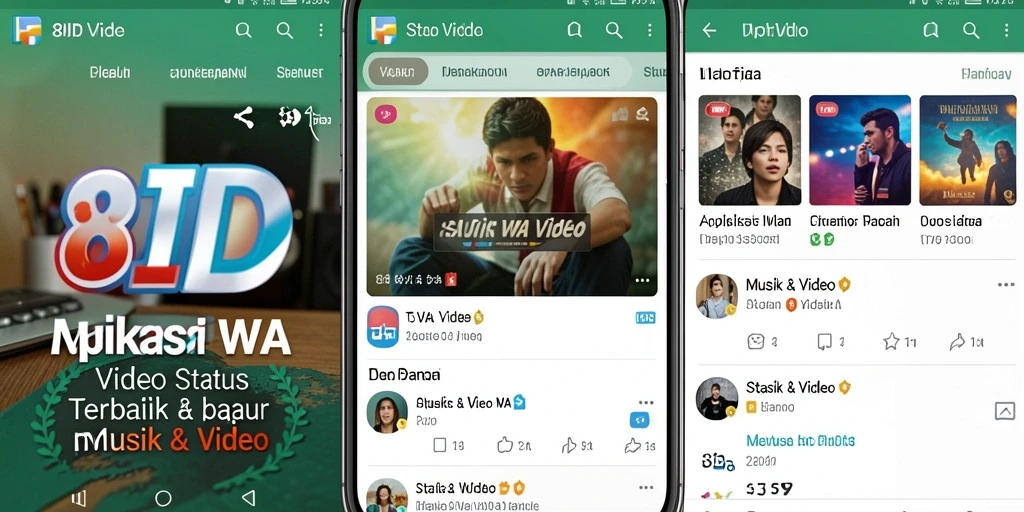 Antarmuka aplikasi 8ID dengan berbagai pilihan video untuk status WA.