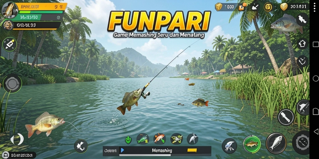 Tampilan antarmuka pengguna FUNPARI yang menarik saat memancing.